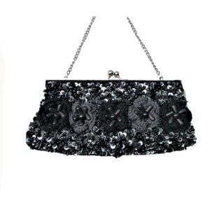 Sasha black gray beaded crochet flowers bag